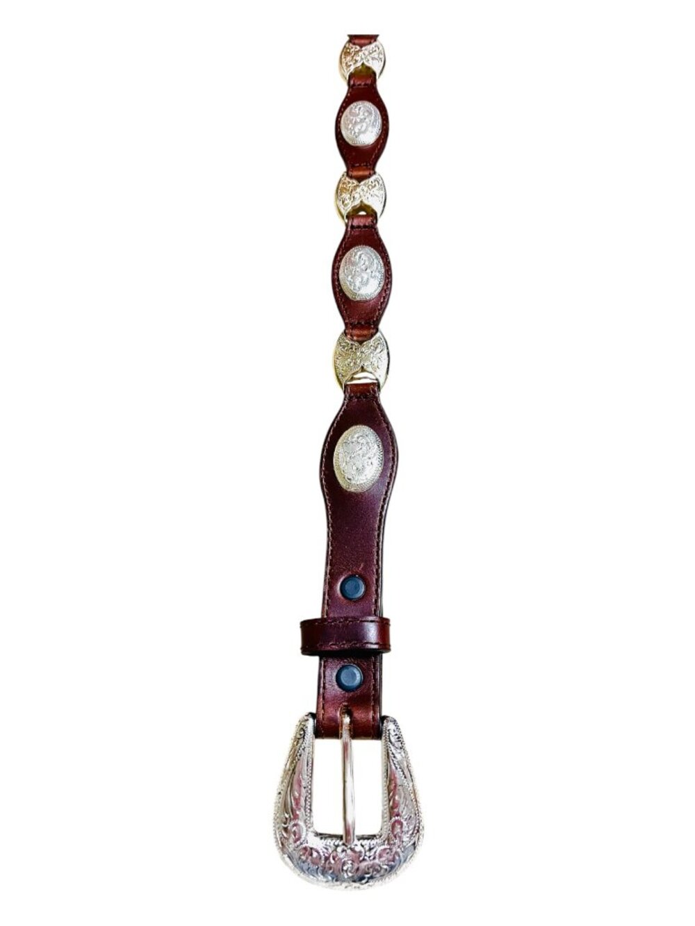 Tony Lama Tooled Leather Concho Western Belt W/Silver, Gold Metal Inlays Sz 28